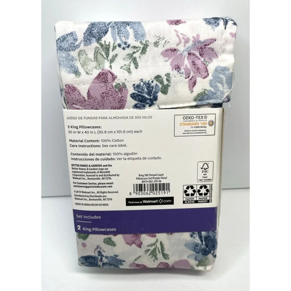 Better Homes & Gardens King Size Performance Pillowcase Set - Purple Blue Floral